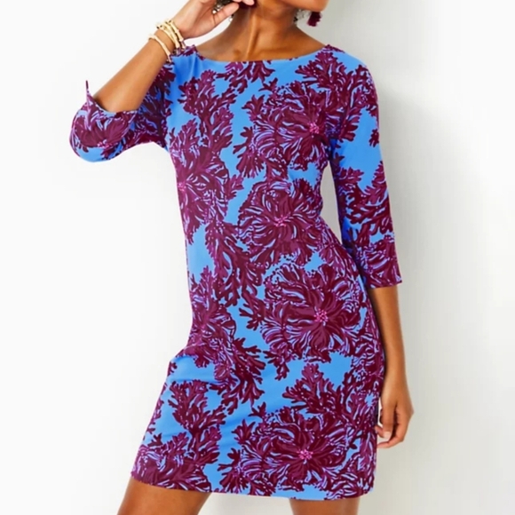 Lilly Pulitzer | ChillyLilly Braedyn UPF50+ Burgundy Blue Floral Shift Dress - Picture 2 of 8